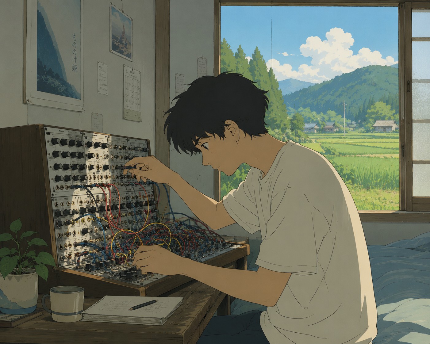Musician working on a modular synthesizer